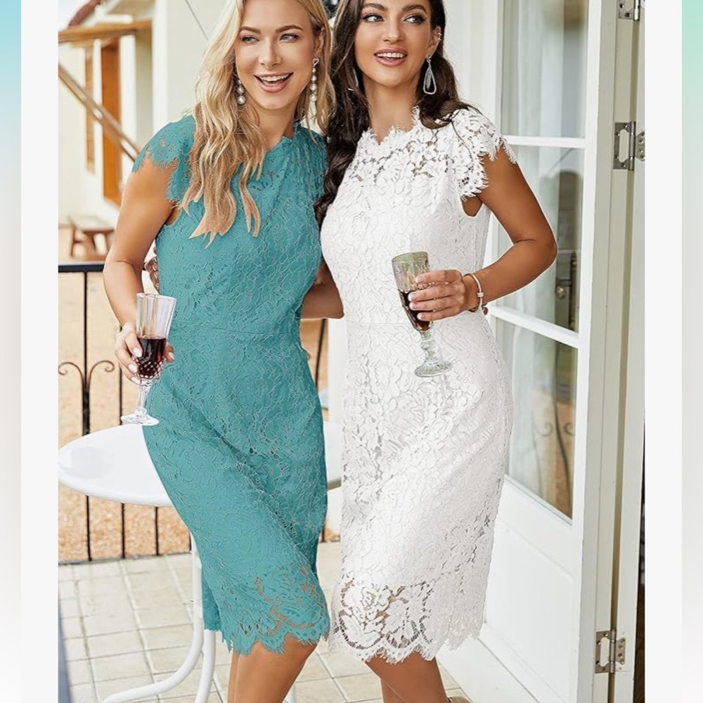 White Sheath Lace Dress with Flutter Cap Sleeves - Picture 4 of 10